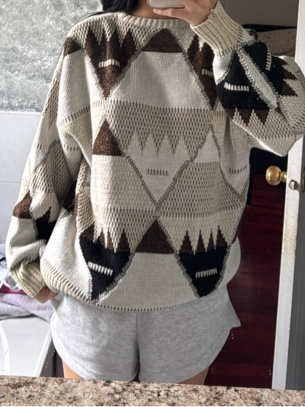 Cream & Brown Geometric Knit Sweater - Women's Cozy Pullover
